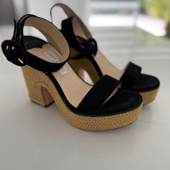 Jimmy Choo Brandon 100 Black Wedge Platform Sandals Wrap Around Ankle Strap - Picture 4 of 11